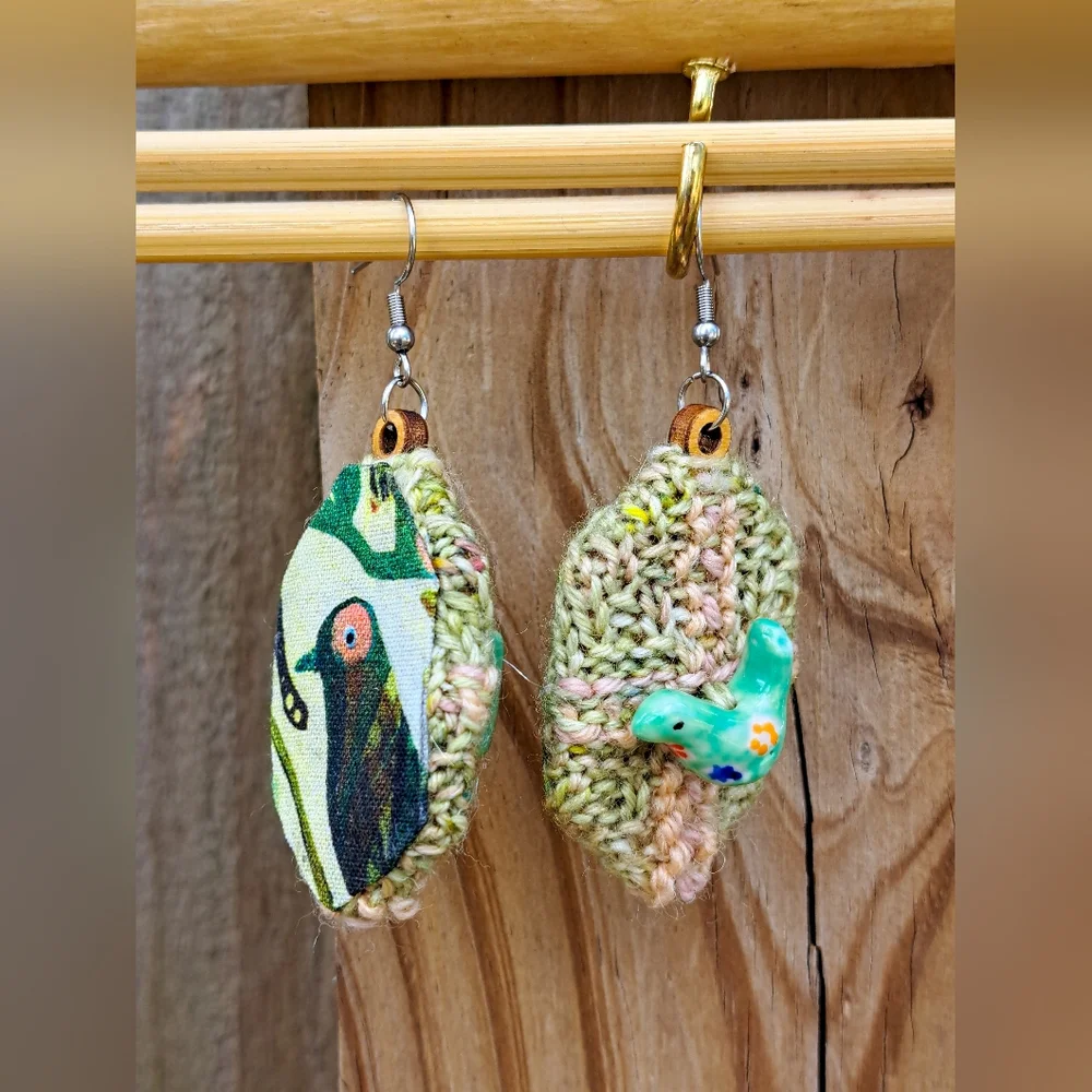 Green Knit Hexagon Earrings with Hand Embroidery Elements and a Bird-Shaped Bead - Picture 12 of 16